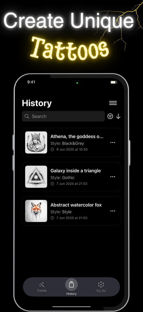 Tattoo Generator AI - Tattwist - History screen of the Tattwist app showing generated tattoo designs including a black and grey goddess and an abstract watercolor fox