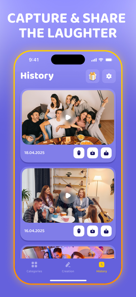 Pantalla de historial de la aplicación Headbands que muestra clips de video grabados de amigos jugando juntos.