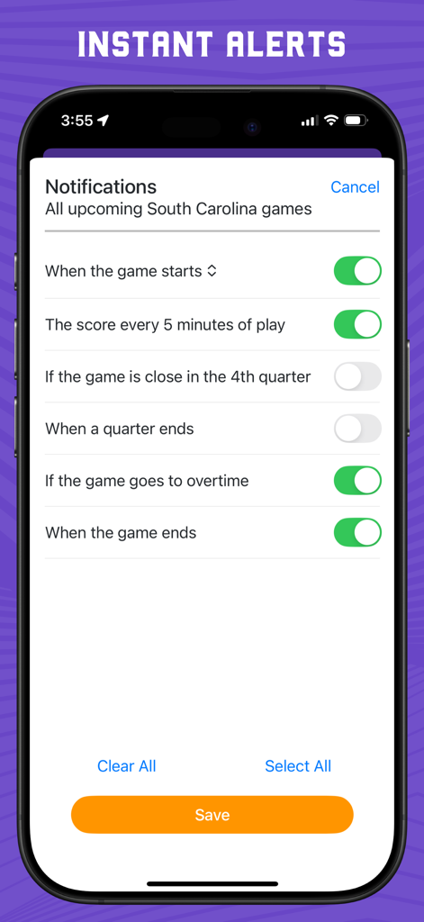 Superfan: Womens College Hoops - Custom notification settings for South Carolina games in the Superfan Womens College Hoops app