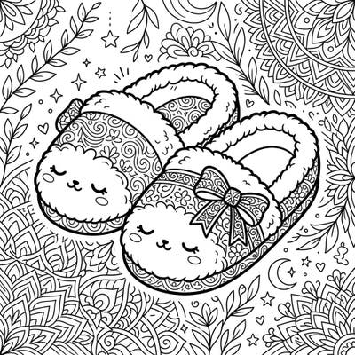 Dive into a world of comfort and charm with this intricate adult coloring page featuring two delightful kawaii slippers. Each slipper boasts a sweet, sleeping face and is adorned with detailed patterns, offering a perfect blend of cuteness and complexity.