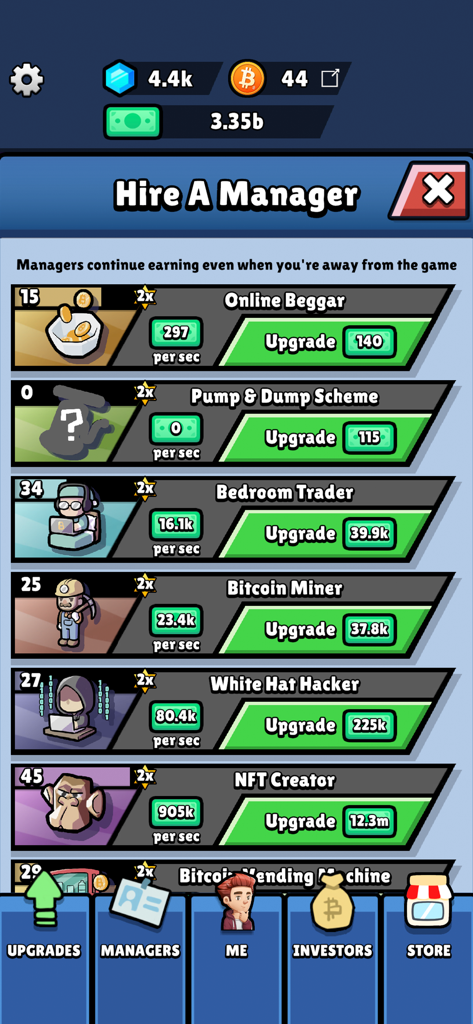 Bitcoin Empire - La schermata di assunzione e aggiornamento del manager in Bitcoin Empire mobile, con personaggi a tema crypto come NFT Creator e Bitcoin Miner.