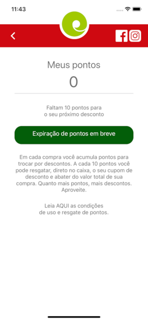Mobile screen of the e-Voce app showing zero loyalty points and instructions for redeeming rewards at Estancia Supermercados.