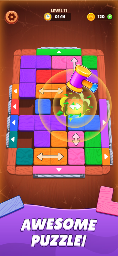 Screw Block Escape - Gameplay screenshot of Screw Block Escape featuring colorful wooden blocks and a hammer tool in a sliding puzzle
