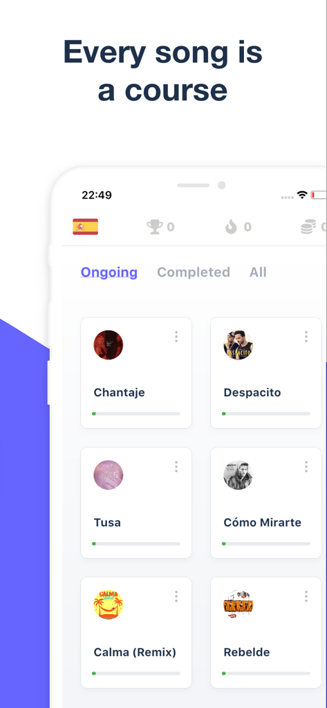 Sounter app interface showing popular songs like Despacito and Chantaje used as language learning courses