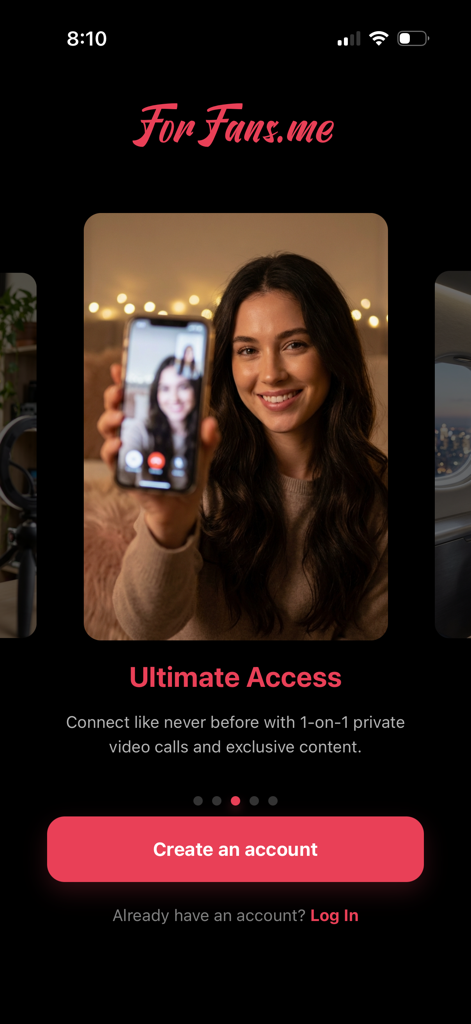 ForFans.me - ForFans.me mobile app welcome screen featuring a creator and the words Ultimate Access.