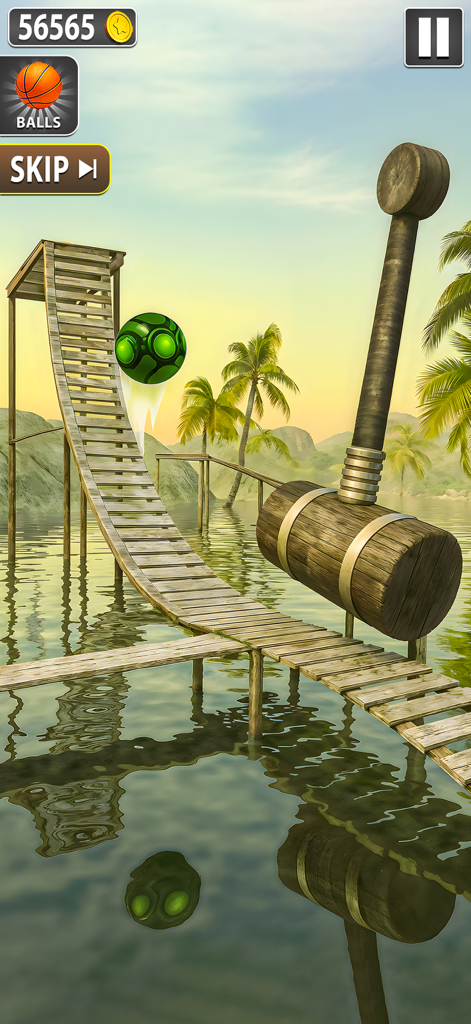 Rollance Sky Rolling Ball Game - Uma bola verde rolando por uma rampa de madeira em direção a um grande obstáculo de martelo oscilante sobre um cenário aquático tropical.