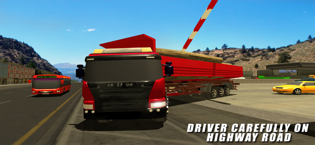 A red cargo truck transporting logs on a highway in a truck simulator game