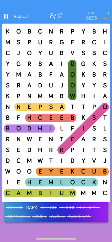 Mobiles Wortsuchrätselspiel mit einem Raster aus Buchstaben, bei dem mehrere Wörter in verschiedenen Farben hervorgehoben sind