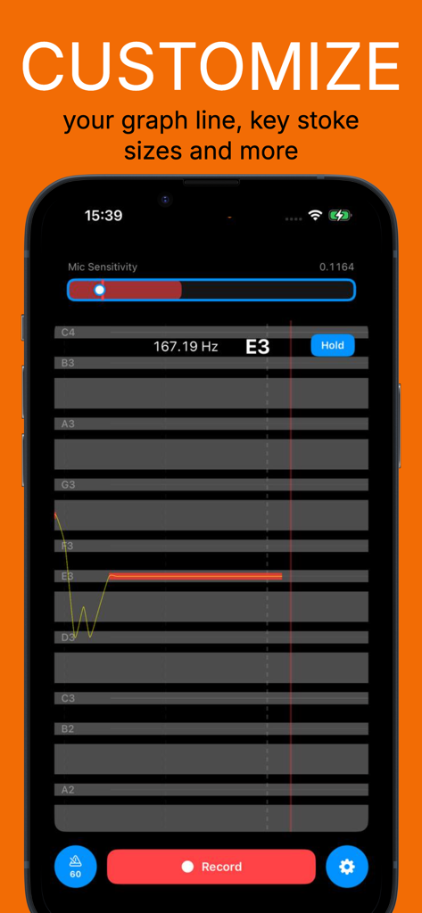 Vocal Pitch Monitor Track Note - Vocal Pitch Monitor app customization screen for mic sensitivity and graph settings