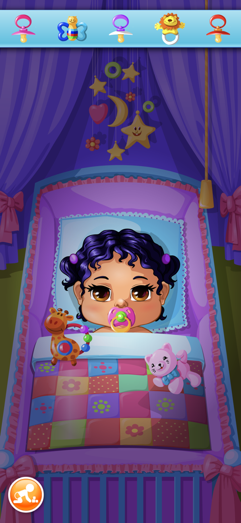 My Baby Care - Babysitter Game - A cute baby with curly hair and a pink pacifier tucked into a colorful crib for bedtime.