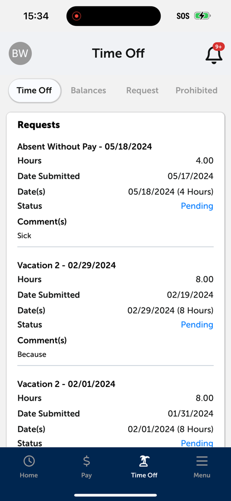eSELFSERVE - Screenshot of the eSELFSERVE app showing a list of pending time off and vacation requests