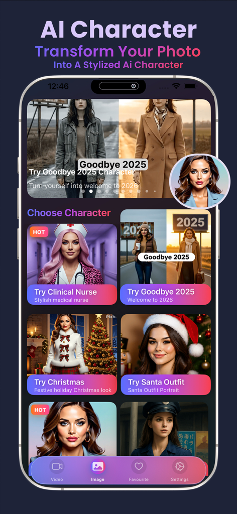 Interface d'application mobile affichant divers modèles de personnages IA pour la transformation de photos, y compris des thèmes d'infirmière et de fêtes.