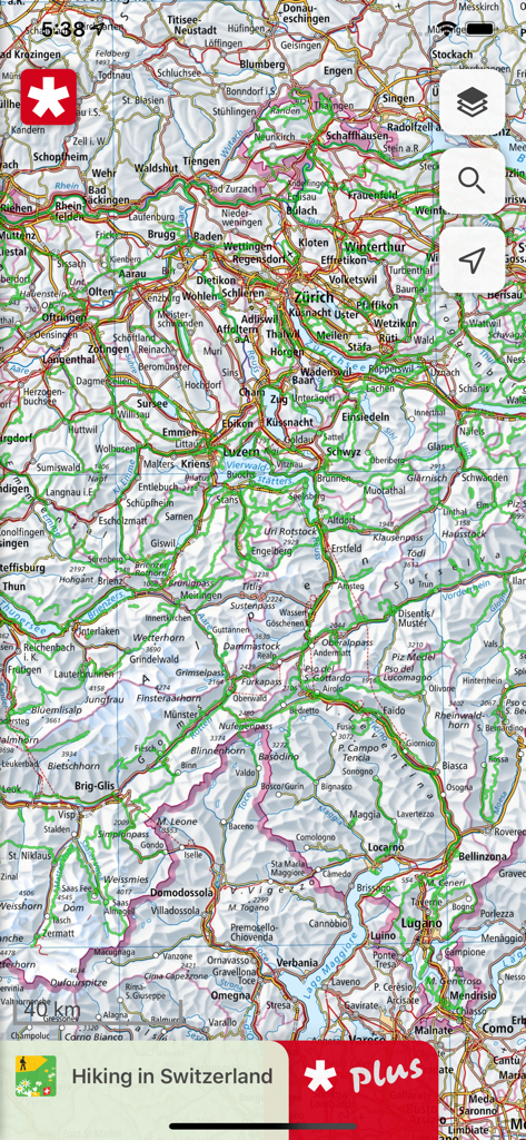 Topographic map of Switzerland with hiking routes in the SwitzerlandMobility app