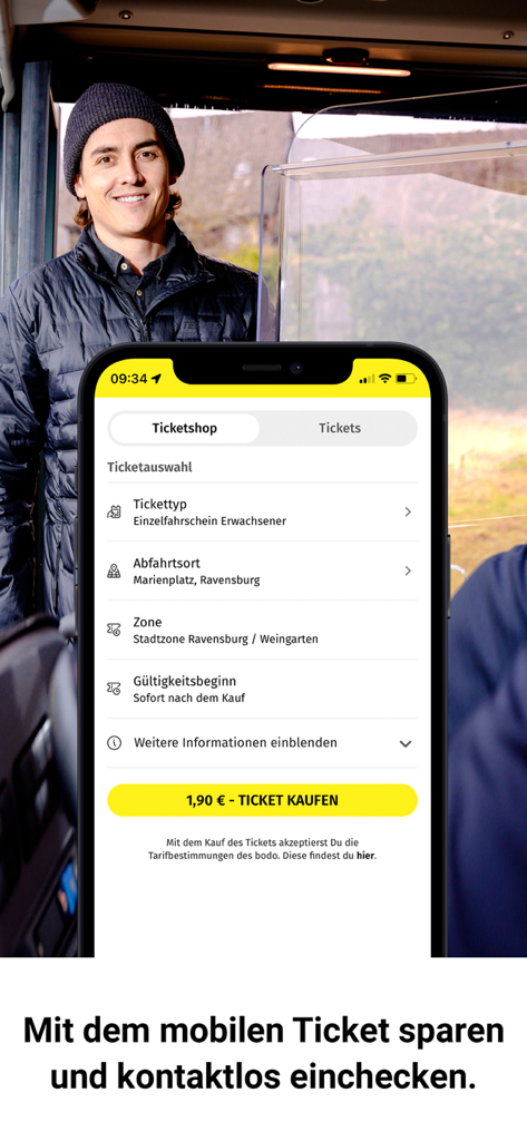 tws.mobil - tws.mobilアプリのチケットショップインターフェースでバスチケットを購入する様子を表示するスマートフォン。