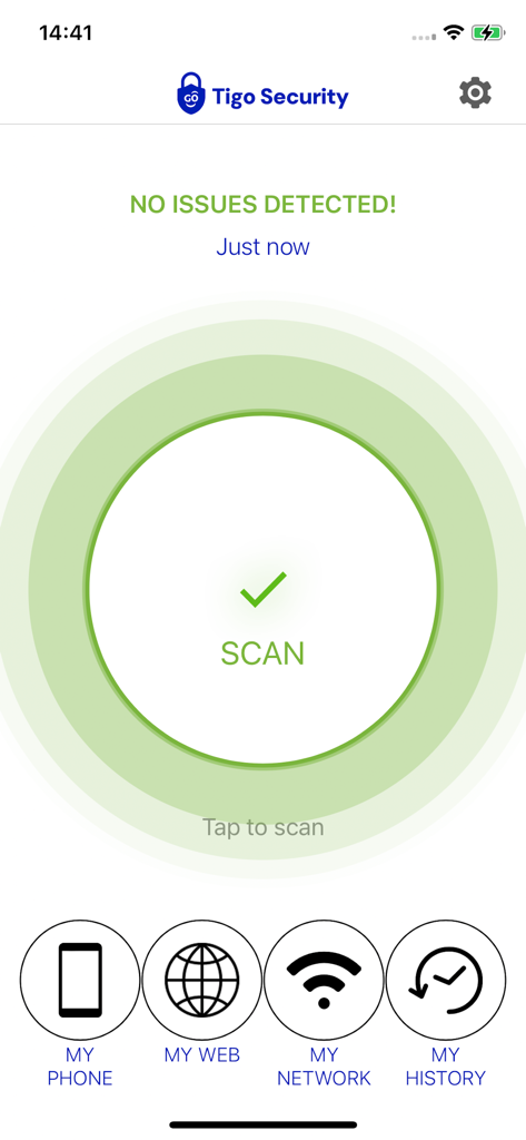 Tigo Security - Tigo Securityアプリのメイン画面。スキャンボタンと問題が検出されなかったというメッセージが表示されています。