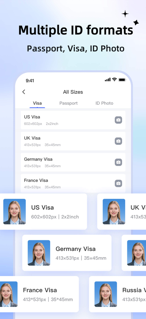 Interface de l'application IDCam montrant diverses exigences et modèles de tailles de photos de passeport et de visa internationaux