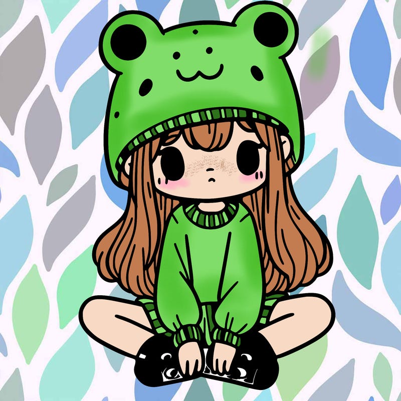 a girl wearing a frog hat and some frog socks