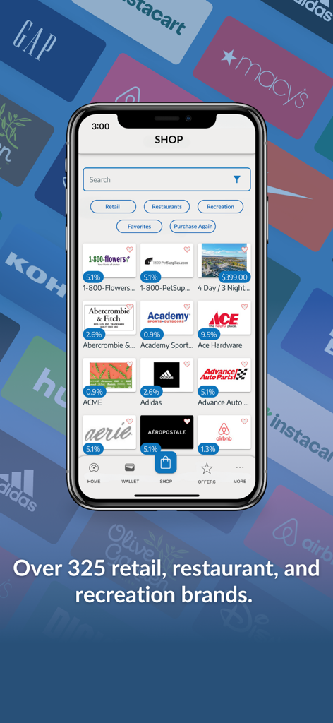 Una pantalla de smartphone que muestra la interfaz de tienda de la aplicación Shopr Rewards con ofertas de reembolso en efectivo para varias marcas de venta minorista, restaurantes y recreación