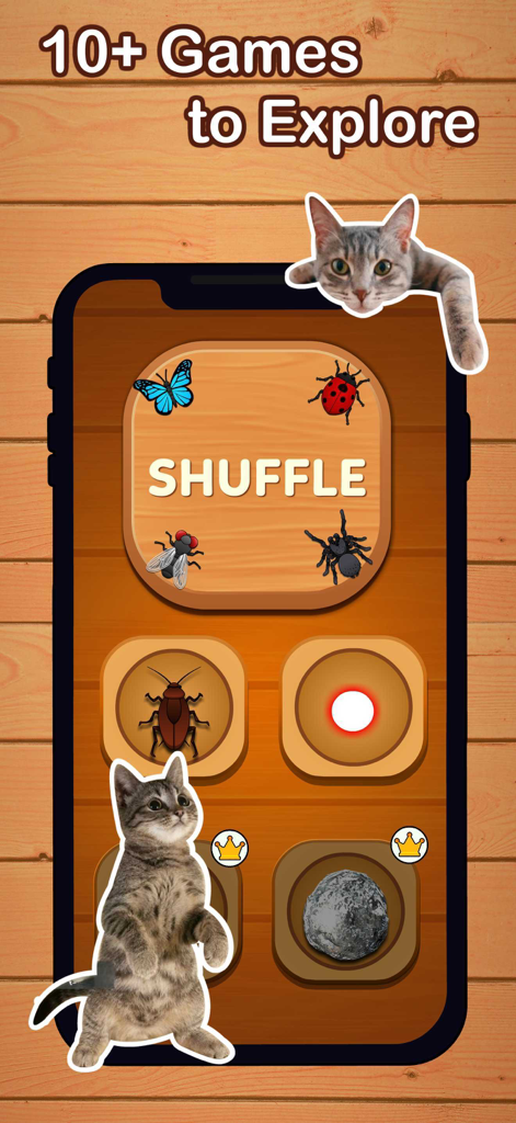 Mobile app screen showing a menu of interactive games for cats including bug smash and laser pointer.