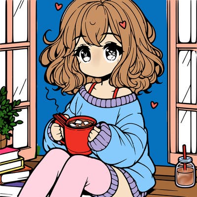 cute anime girl reading book and drinking hot chocolate from mug with loose wavy hair wearing a baggy sweatshirt and shorts sitting by windowsill looking out