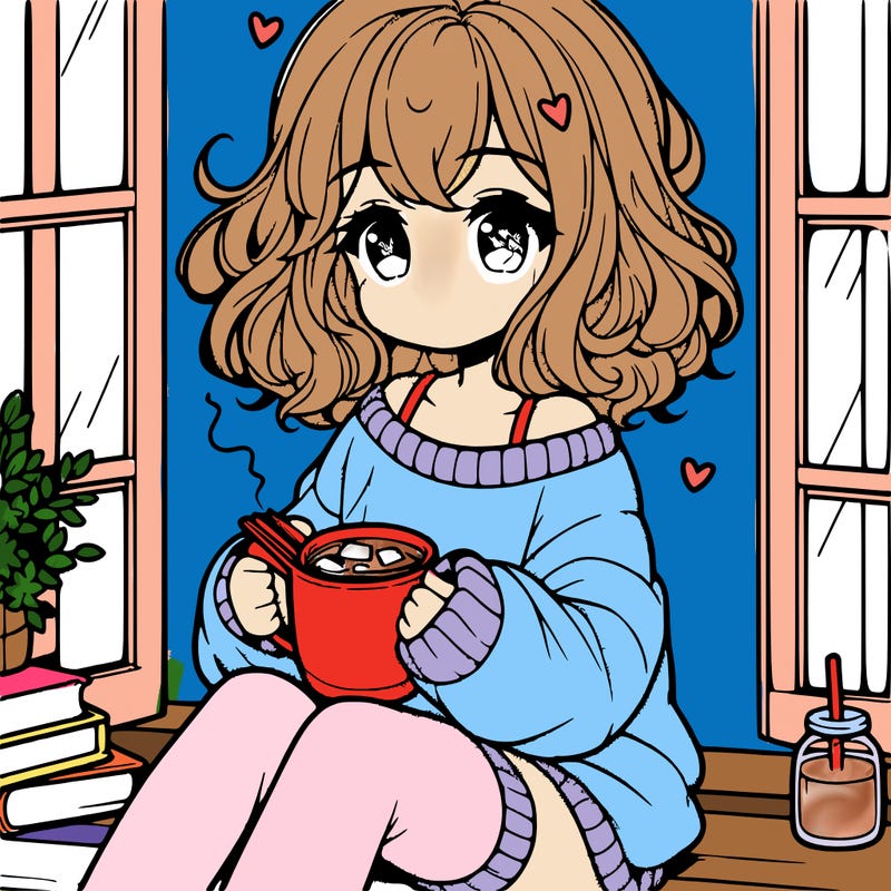cute anime girl reading book and drinking hot chocolate from mug with loose wavy hair wearing a baggy sweatshirt and shorts sitting by windowsill looking out