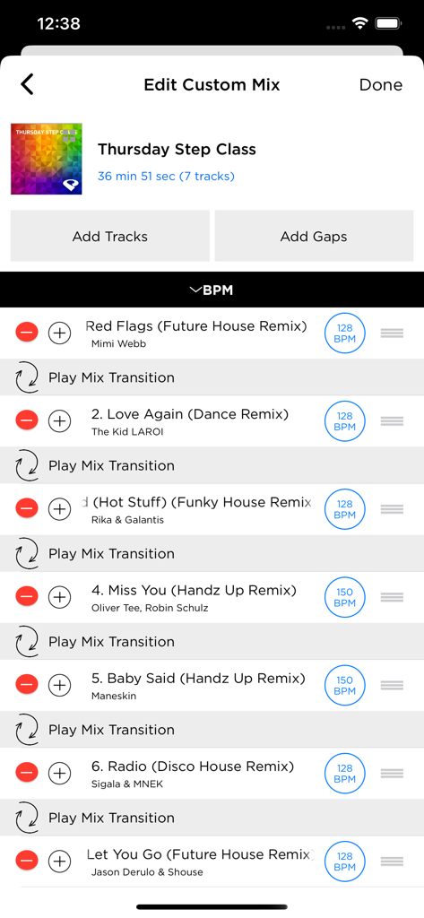 PowerMusicNow mobile app screen for editing custom fitness music mixes and adjusting BPM