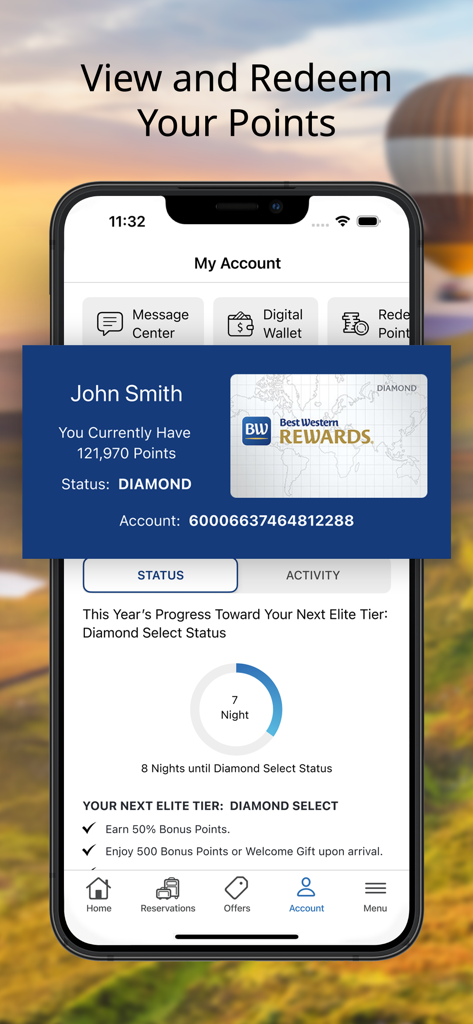 Mobile app interface of Best Western Rewards showing point balance and Diamond status level.