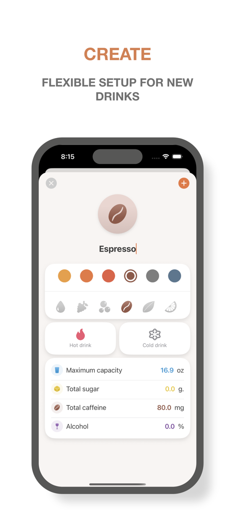 Drink Note – Water Tracker - 설탕 및 카페인 추적 세부 정보와 함께 에스프레소 음료를 사용자 정의하는 Drink Note 앱.