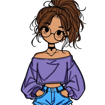 girl with a messy ponytail glasses a baggy crop top and jean shorts
