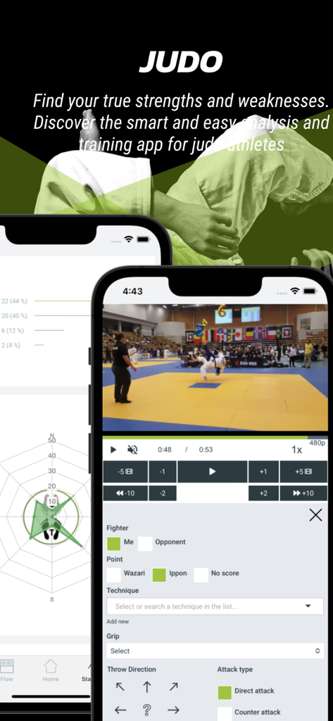 Athlete Analyzerにおける柔道のパフォーマンスおよびビデオ分析画面。