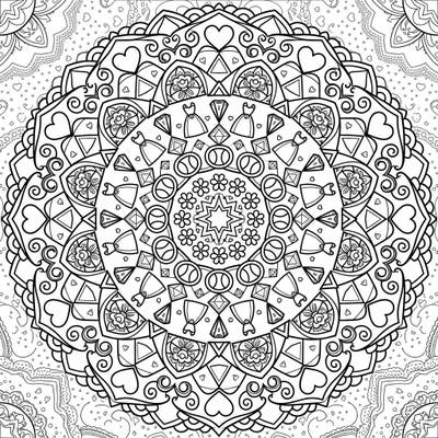 Immerse yourself in the beauty of our Geometric Wedding Mandala, a perfect blend of intricate patterns and romantic celebration. This unique coloring page features elegant wedding dresses, engagement rings, and hearts, all woven into a stunning symmetrical design.