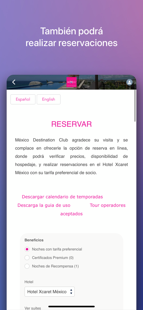 Reservation screen in the Mexico Destination Club app for Hotel Xcaret Mexico member bookings
