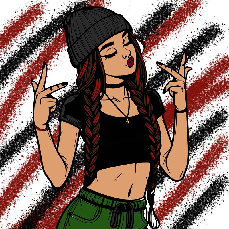 realistic teenage girl with braids and a beanie and crop top doing 🫶🏼