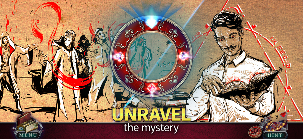 Fatal Luck: Adventure (F2P) - Fatal Luck Adventureの、光る赤い目をした男性が謎めいた本を、魔法のメダリオンの隣で読んでいる様子