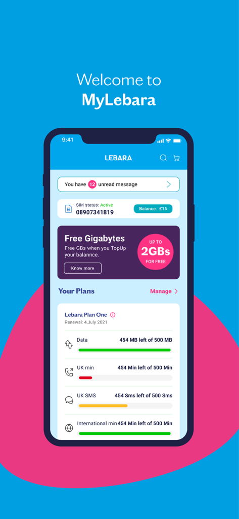 MyLebara app home screen displaying mobile balance and data usage levels