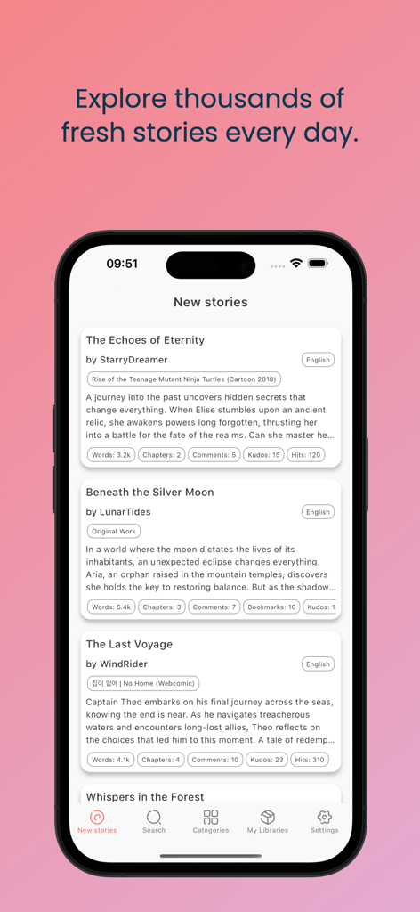 Fanfict Reader AO3 unofficial - Interface of the Fanfict Reader AO3 app displaying a feed of new fanfiction stories with titles and summaries.