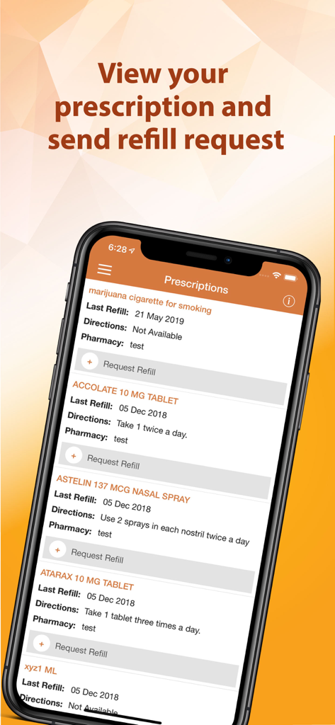Prescription list and refill request screen in the IMS Patient App