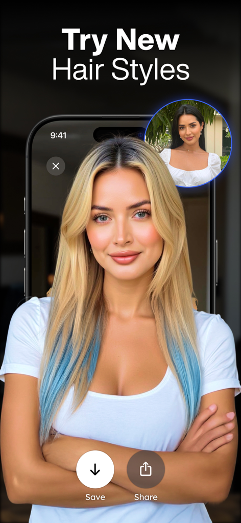 Una pantalla de smartphone que muestra la función de la aplicación IA DaVinci para probar nuevos peinados, mostrando a una mujer con cabello rubio y puntas azules.