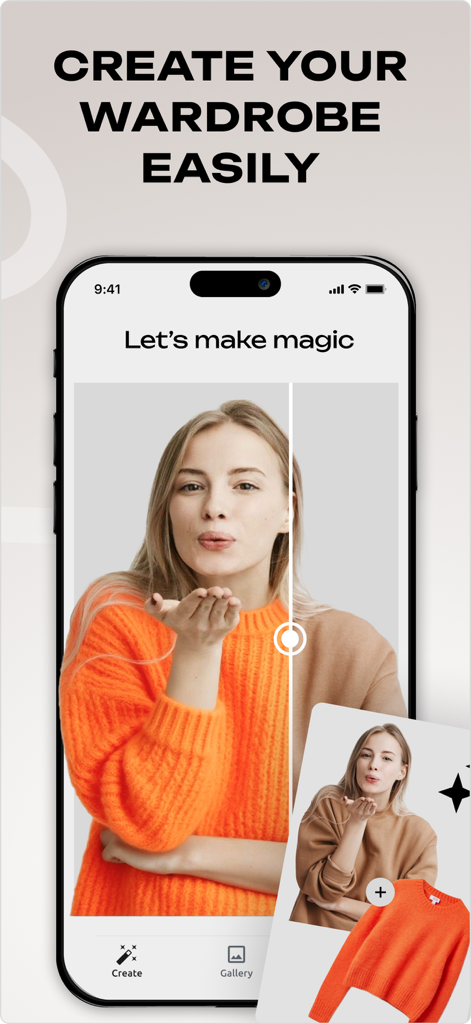 Fitly: Outfit Creator - Una mujer usando la aplicación Fitly para cambiar virtualmente entre un suéter marrón y uno naranja usando tecnología de IA.