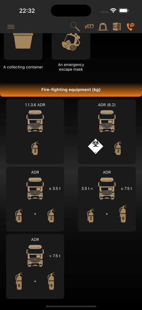ADR Tool 2025 Dangerous Goods - A screen showing the mandatory fire extinguisher requirements for different truck weight categories under ADR dangerous goods regulations