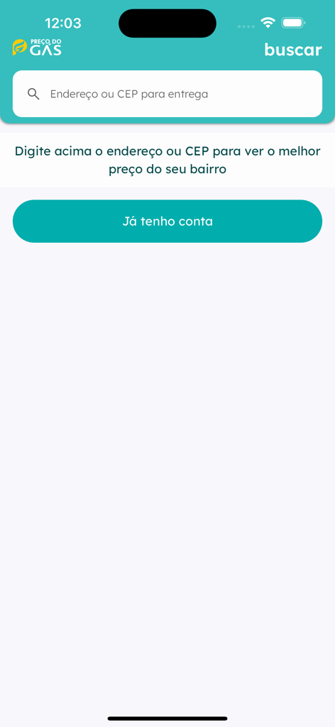 Preço do Gás - Search screen for the Preço do Gás app to enter delivery address and compare local gas prices