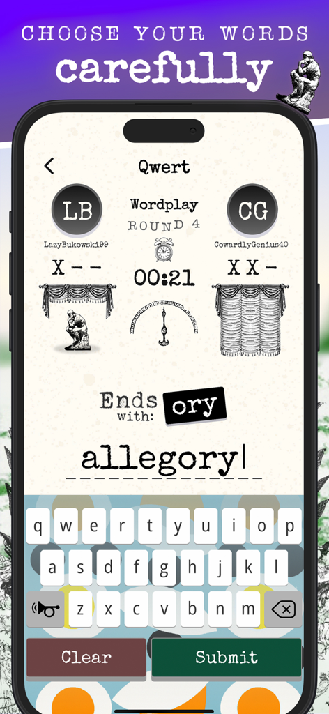 Qwert - The Typing Word Game - Multiplayer gameplay of Qwert word game where players type words ending with ory on a vintage style interface