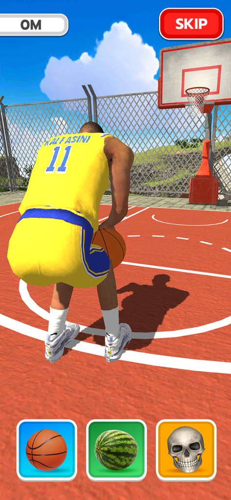Scoring Champion - 노란색 유니폼의 농구 선수가 농구공, 수박 또는 해골 옵션으로 슛을 준비하고 있습니다.