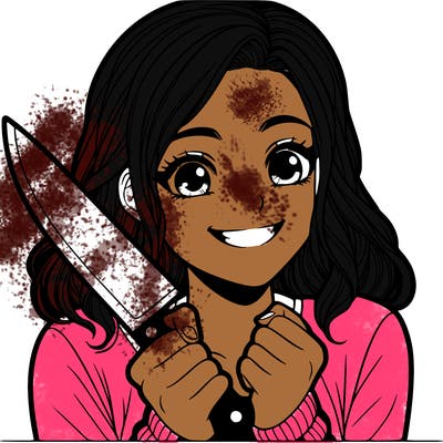 a realistic girl holding a knife and grinning