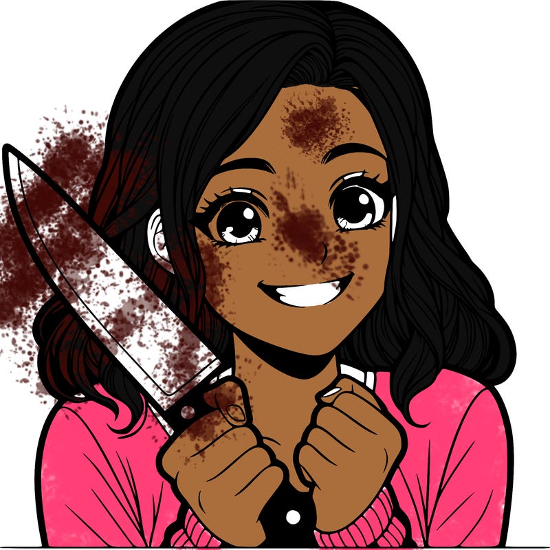 a realistic girl holding a knife and grinning