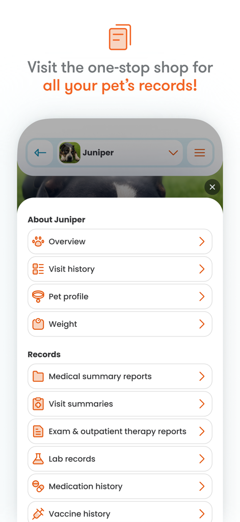 Banfield Pet Hospital - Banfield app interface showing medical and vaccination records for a pet dog