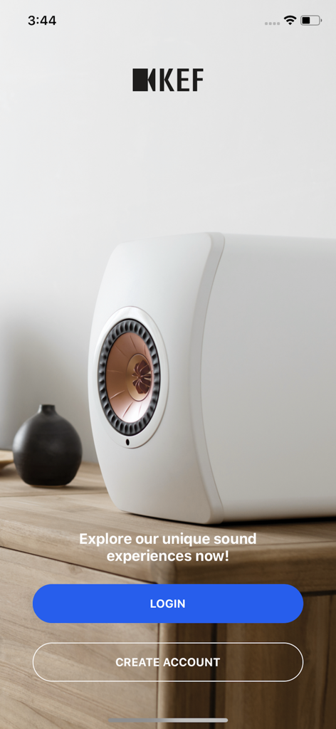 KEF Connect - KEF Connect app login screen featuring a premium white high-fidelity speaker