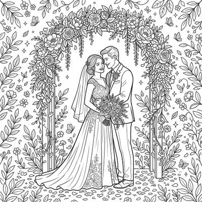 Immerse yourself in love with this beautiful wedding coloring page featuring a joyous couple under a magnificent floral arch. Adorned with natural elements, this intricate design promises a relaxing and romantic coloring experience.