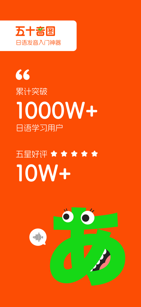 A promotional screen for a Japanese language app featuring a green animated Hiragana character and statistics showing over 10 million users.