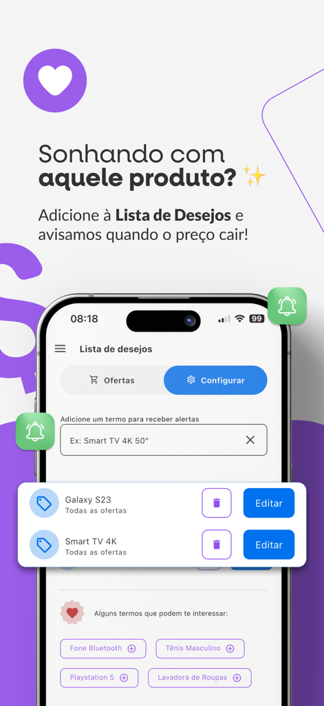 Promobit - Ofertas e Descontos - Tela de lista de desejos do aplicativo Promobit mostrando notificações de queda de preço de produtos e configurações de alerta